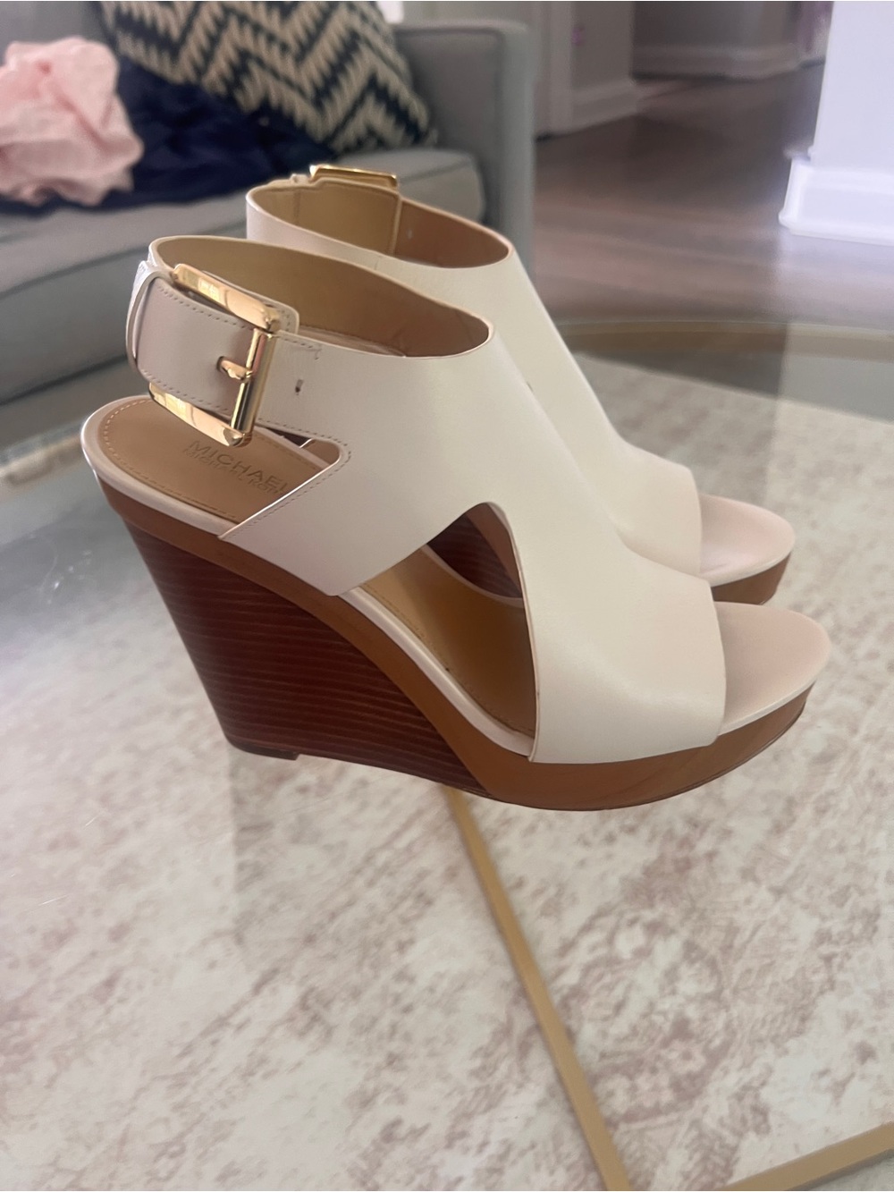 Michael Kors Cream Leather Platform Wedges with Gold Buckle - Picture 2 of 4